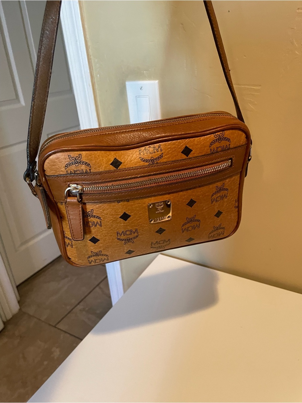 MCM Cognac Visetos Logo Monogram Crossbody Bag
